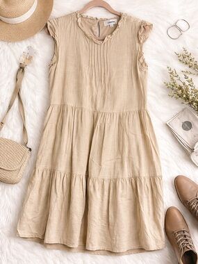 Lavila Beige Tiered Dress L Boho Ruffle Neck Flowy Babydoll Cottagecore Neutral